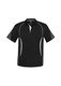 A black short sleeve polo shirt featuring white accents and a logo on the chest. Suitable for kids.