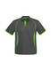 A short sleeve polo shirt in grey with lime green accents and a logo on the chest.