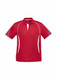 A red short sleeve polo shirt featuring white accents and a logo. Suitable for kids.