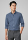 A men's long sleeve button-up shirt in a deep blue colour, featuring a collar and rolled-up sleeves.