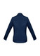 A navy women's button-up shirt featuring long sleeves and a classic collar, with a branded logo.