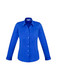 A women's long sleeve button-up shirt in bright blue, featuring a classic collar and button front.