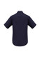 A navy short sleeve button-up shirt with a plain design and a logo on the back.