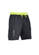 A pair of black board shorts with a drawstring waistband and neon green accents. Features a logo and cargo pockets.