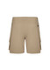 Men's beige board shorts with an elastic waistband and rear pockets, featuring a branding logo.