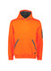 An orange unisex water-resistant hoodie with a grey lined hood and branding on the sleeve.