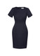 A fitted women's short sleeve shift dress in navy blue with a crew neckline and a tailored design. A fitted women's short sleeve shift dress in navy blue with a crew neckline and a tailored design.