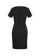 A black women's short sleeve shift dress with a fitted design and back zipper. Features a slit at the hem.