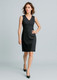 A sleeveless black dress with a V-neck design, featuring a fitted silhouette and a smooth finish.