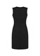 A black sleeveless V-neck dress with a back zipper and a subtle back slit. It features a fitted silhouette and sleek design.