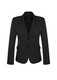 A women's mid-length black blazer featuring a two-button closure and side pockets. The jacket has a fitted silhouette.