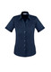 A navy blue short sleeve button-up shirt with a fitted design and a collar. It features a small logo. A navy blue short sleeve button-up shirt with a fitted design and a collar. It features a small logo.