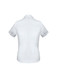 A white short sleeve button-up shirt with a fitted design and rolled sleeves, featuring a logo.