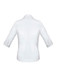 A white 3/4 sleeve button-up shirt with a collar and rolled cuffs, featuring a logo on the back. A white 3/4 sleeve button-up shirt with a collar and rolled cuffs, featuring a logo on the back.
