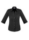 A black button-up shirt featuring 3/4 sleeves and a collar, with a logo on the design. A black button-up shirt featuring 3/4 sleeves and a collar, with a logo on the design.
