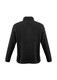 A black polar fleece jacket featuring a collar and long sleeves, with a simple design and branding on the back.