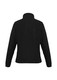 A black polar fleece women's jacket featuring a high collar and long sleeves, with a logo on the back.