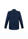 A navy blue long sleeve button-up shirt with a collar and cuffed sleeves. Features a logo.