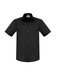 A black short sleeve button-up shirt with a single chest pocket and a collar. It features a logo.