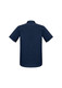 A navy blue short sleeve button-up shirt featuring a back view and a logo on the collar.