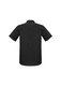 A black short sleeve button-up shirt with a collar, featuring a back view and a branding logo.