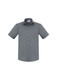 A grey short sleeve button-up shirt with a pocket and a collar, featuring a logo on the label.