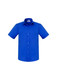 A blue short sleeve button-up shirt with a pocket and a logo on the collar.