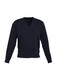 A dark grey knitted pullover featuring a V-neck design and long sleeves, with a brand logo present.