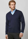 A navy blue woolmix knit pullover with a v-neck design, featuring a model wearing it over a light blue shirt.