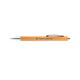 A bamboo pen with a silver clip and tip, featuring a logo on the wooden barrel.