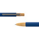 A blue metal pen with a bamboo accent and a silver clip. The pen features a smooth, streamlined design. A blue metal pen with a bamboo accent and a silver clip. The pen features a smooth, streamlined design.