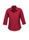 A maroon 3/4 sleeve shirt with a collar and button-down front, featuring a logo. A maroon 3/4 sleeve shirt with a collar and button-down front, featuring a logo.