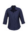 A navy blue ladies' 3/4 sleeve shirt with a collar and buttons, featuring a logo on the label. A navy blue ladies' 3/4 sleeve shirt with a collar and buttons, featuring a logo on the label.