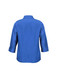 A blue plain 3/4 sleeve shirt featuring a collar and roll-up sleeves, with a logo on the back.