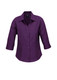 A purple ladies' shirt with 3/4 sleeves and a collar, featuring a button-down front and a logo.