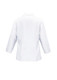 A plain white ladies' shirt with 3/4 sleeves and a back view, featuring a subtle collar and a logo.
