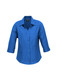 A blue women's 3/4 sleeve shirt with a collared neckline and button front. It features a logo on the label.