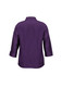 A purple women's shirt with 3/4 sleeves and a collared neckline, featuring a simple design and a logo.