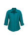 A teal women's 3/4 sleeve shirt with a collared neckline and button-up front. It has a logo on the tag.