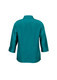 A teal women's 3/4 sleeve shirt with a collar and buttoned cuffs, featuring a logo on the back.