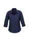 A women's navy 3/4 sleeve shirt with a front button closure and a collar, featuring a logo.