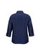 A navy women's 3/4 sleeve shirt with a collar and a logo on the back.