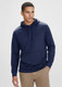 A navy blue men's hoodie featuring a front pocket and a drawstring hood, with a logo on the chest.