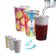 A collection of aluminium colour changing cups in vibrant patterns, with a pouring action demonstrated.