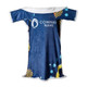A blue and patterned wearable blanket with a soft interior and a logo on the front.