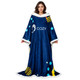 A woman wears a navy blue, oversized sublimated front wear blanket with colourful designs and a logo.