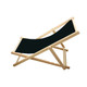 A wooden beach chair with a black fabric seat, featuring a simple, foldable design.