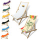 A wooden beach chair in various colours, featuring one with a vibrant design and a logo on the backrest.