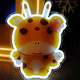 A neon LED sign featuring a smiling orange giraffe character with a flower, surrounded by a glowing white border.