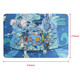 A blue microfibre cleaning mouse pad featuring whimsical illustrations, with a logo in the corner. Dimensions indicated.